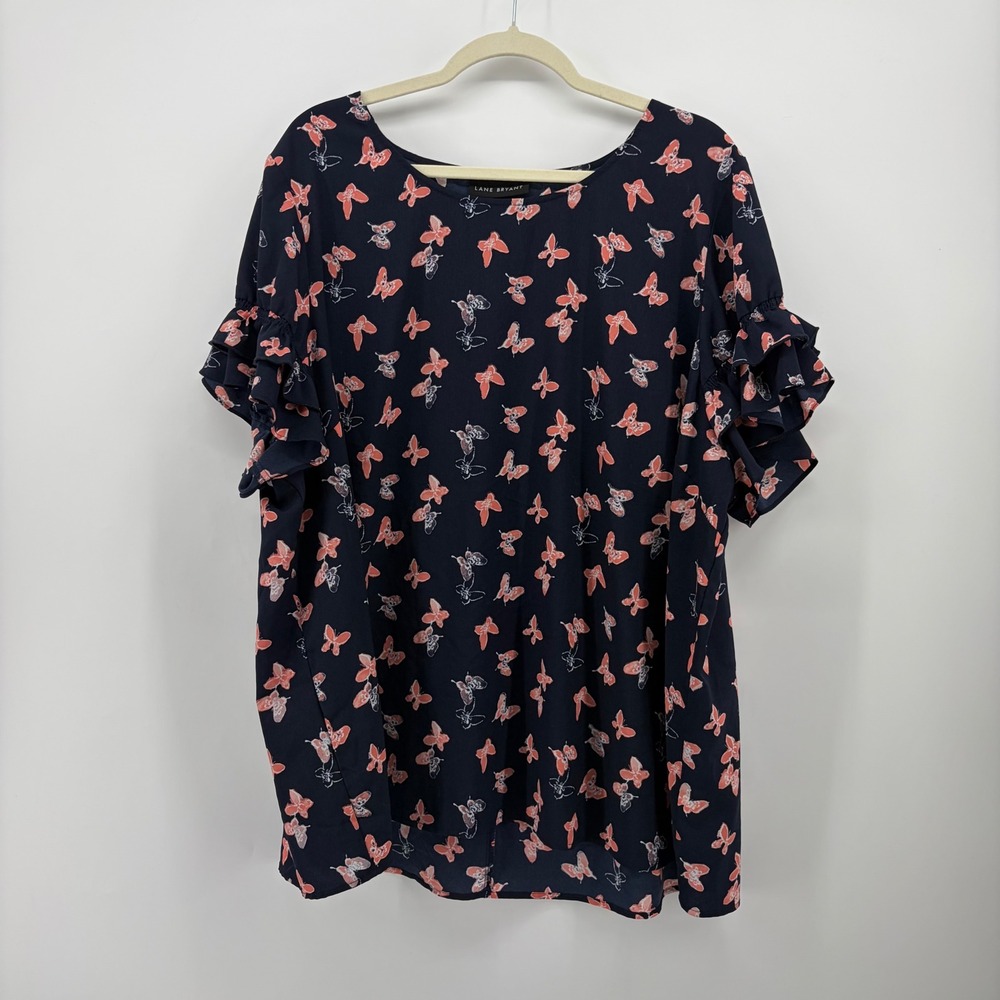 Lane Bryant Womens 26 Navy Blue Butterfly Blouse Ruffle Short Sleeve Scoop Neck